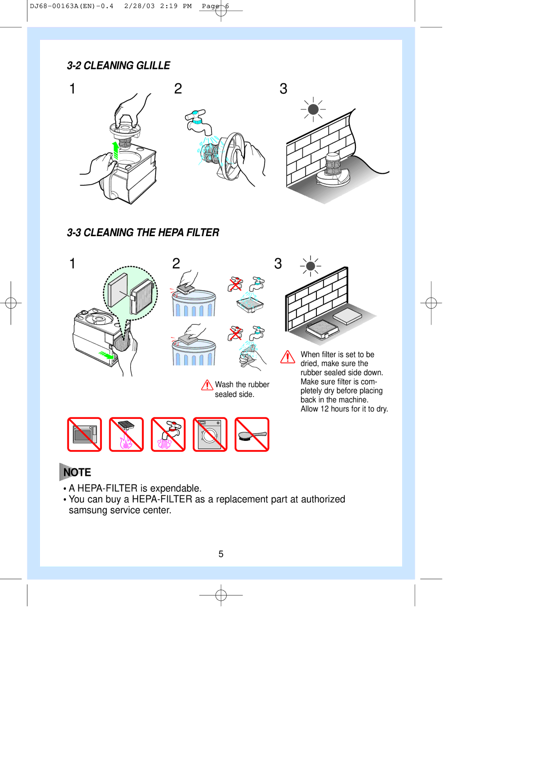 Samsung VC8726HT3R/XEH, VC8716HT3D/XEV manual Cleaning Glille Cleaning the Hepa Filter, Wash the rubber Sealed side 