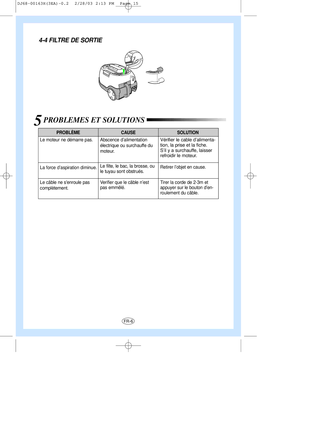 Samsung VC8716HT3D/XEV, VC8716HN3S/XEG, VC-8716H manual Problemes ET Solutions, Filtre DE Sortie 