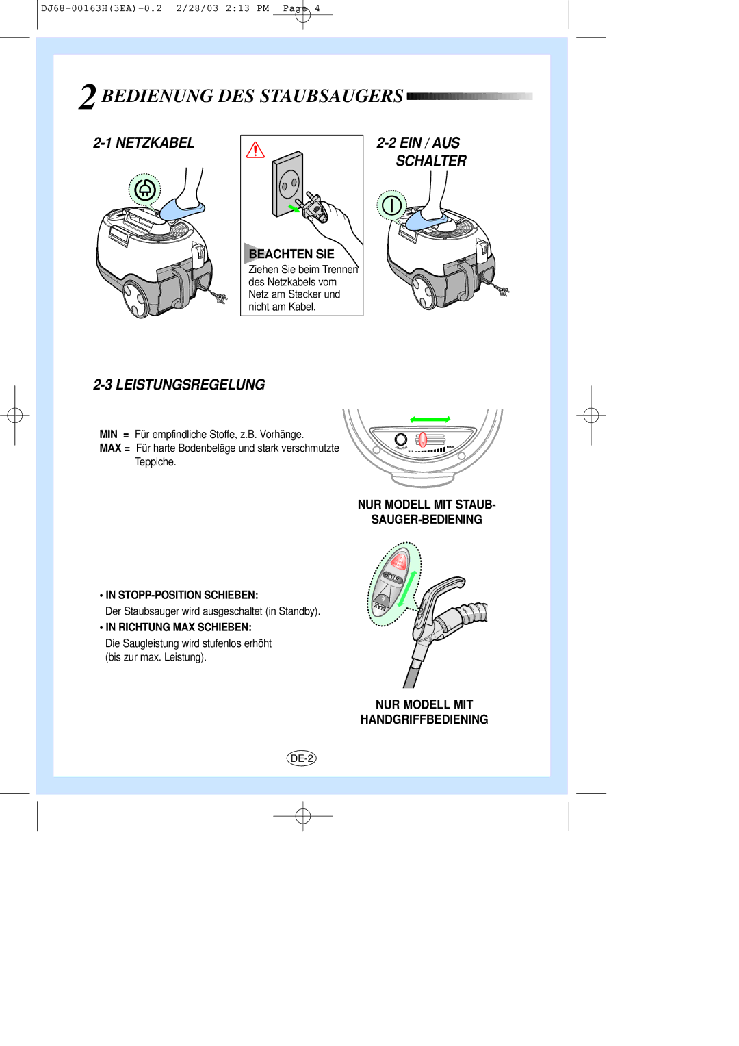 Samsung VC8716HN3S/XEG Bedienung DES Staubsaugers, Netzkabel, Leistungsregelung, NUR Modell MIT Staub SAUGER-BEDIENING 