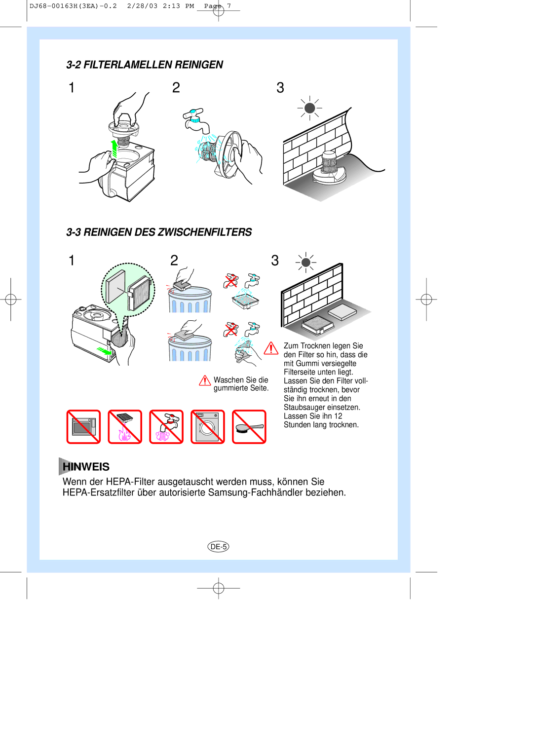 Samsung VC8716HN3S/XEG, VC8716HT3D/XEV, VC-8716H manual Filterlamellen Reinigen Reinigen DES Zwischenfilters, Hinweis 