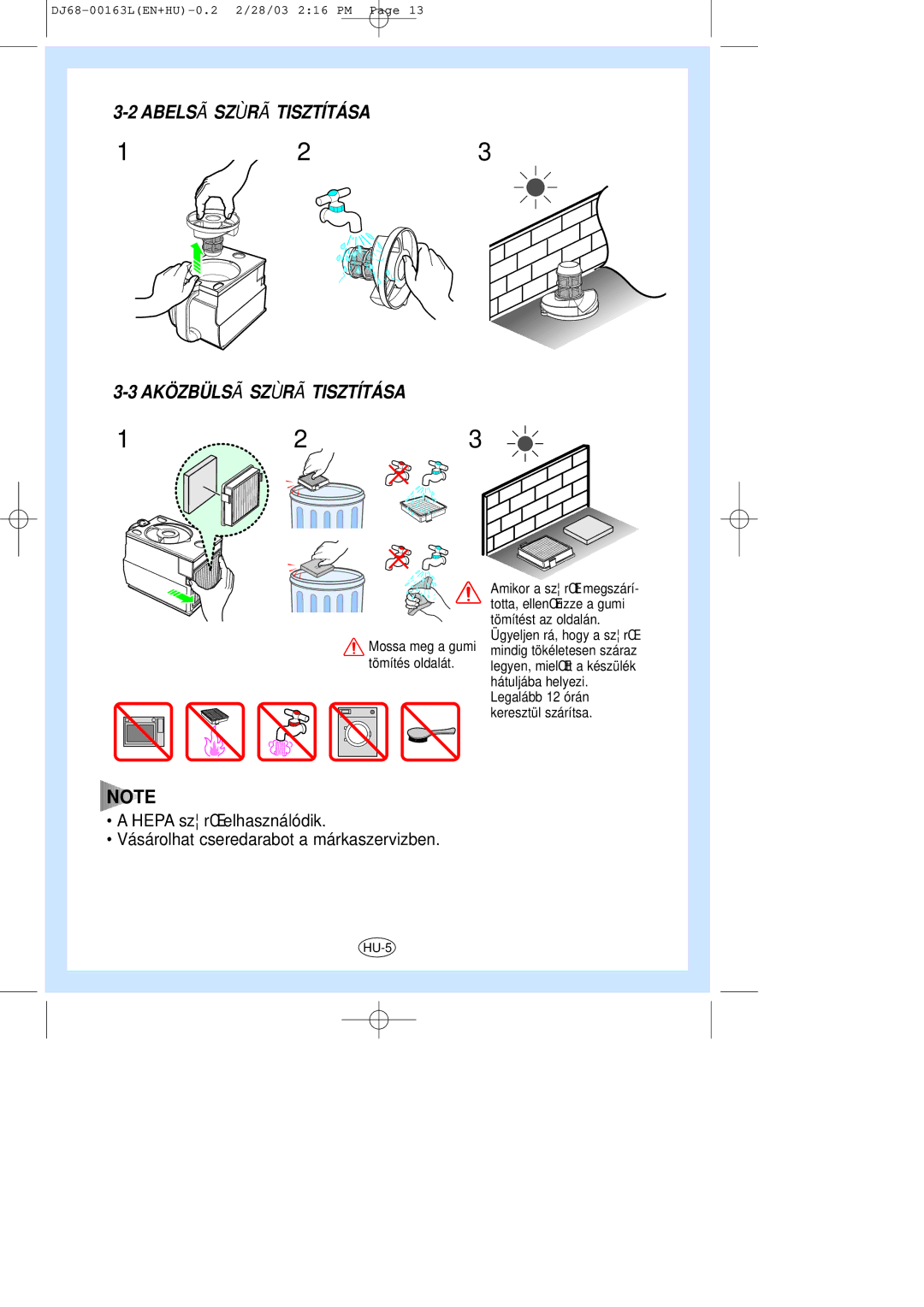 Samsung VC8726HT3R/XEH manual Abelsã Szùrã Tisztítása Aközbüls Ã Szùrã Tisztítása 