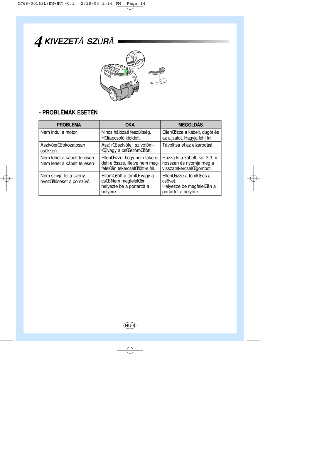 Samsung VC8726HT3R/XEH manual Kivezetã Szùrã, Problémák Esetén 