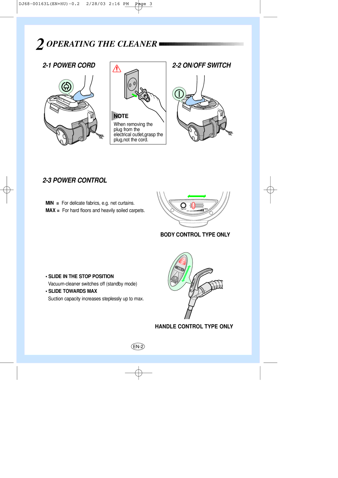 Samsung VC8726HT3R/XEH manual Operating the Cleaner, Power Cord, ON/OFF Switch Power Control 