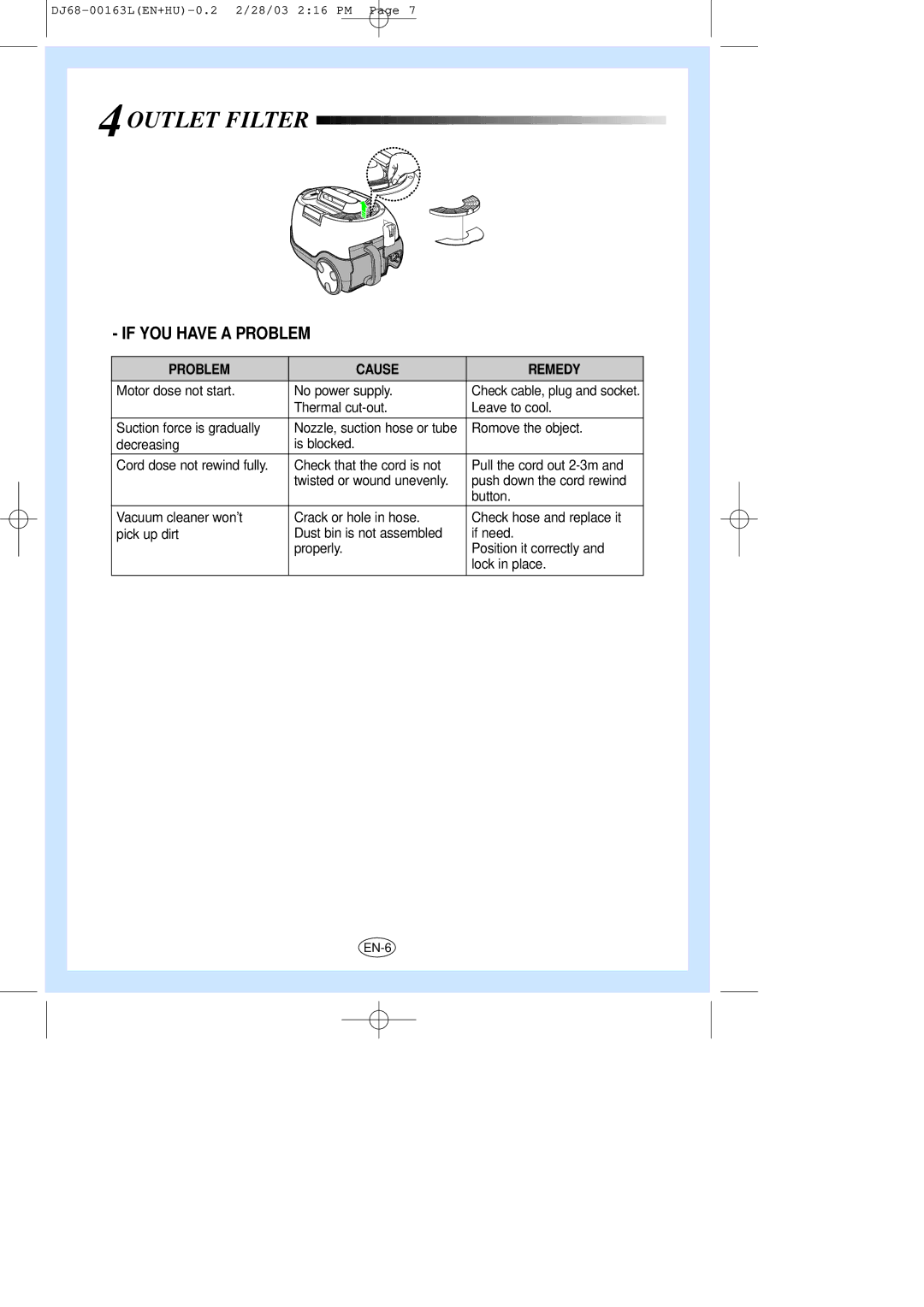 Samsung VC8726HT3R/XEH manual Outlet Filter, If YOU have a Problem 