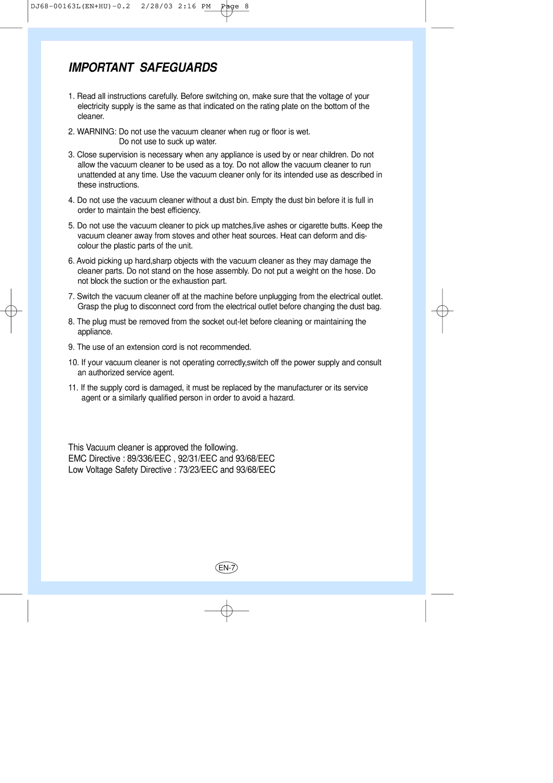 Samsung VC8726HT3R/XEH manual Important Safeguards 