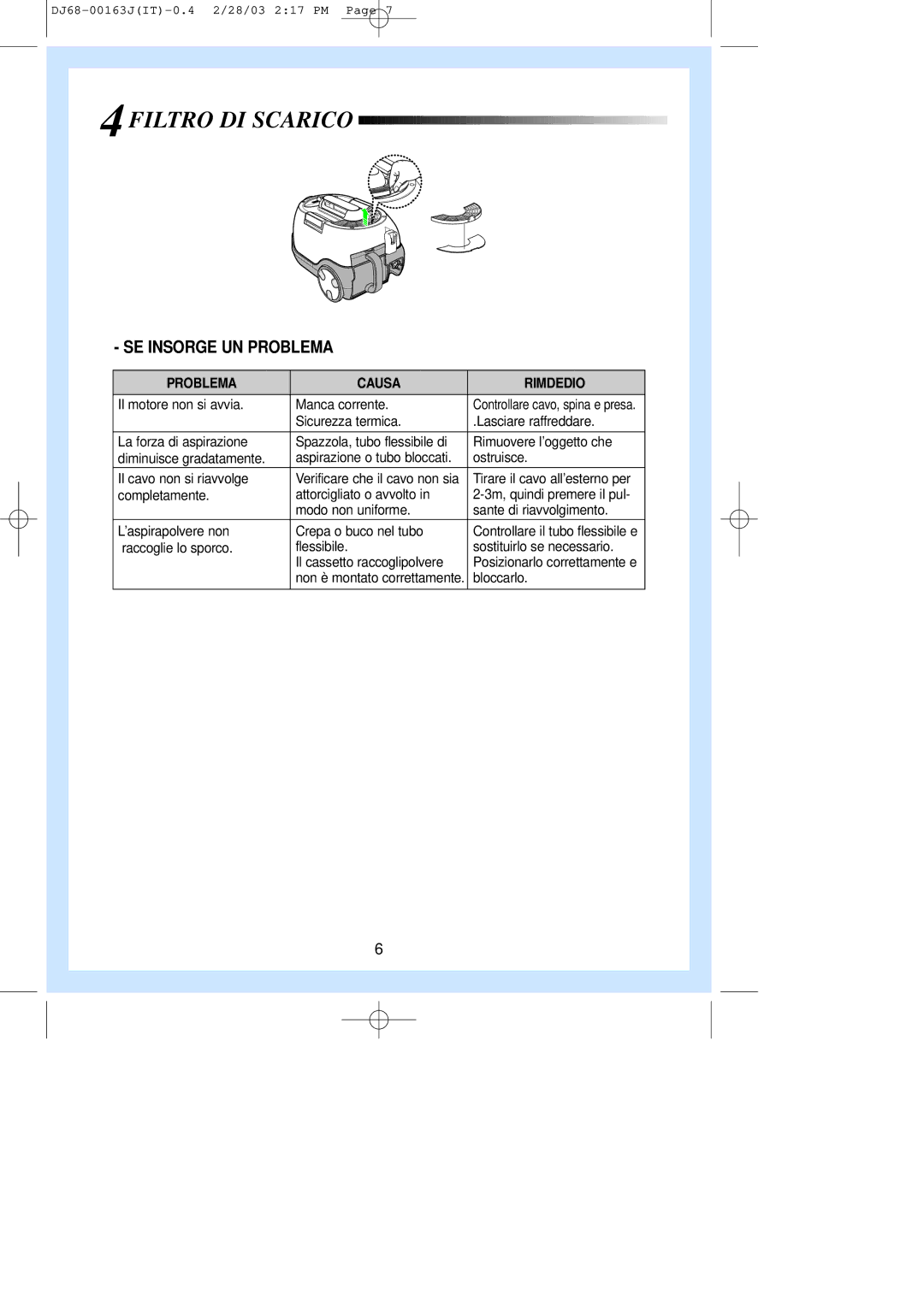 Samsung VC8726VT3B/XET, VC8726HT3S/XET, VC8726VT3B/XEN manual Filtro DI Scarico, SE Insorge UN Problema 