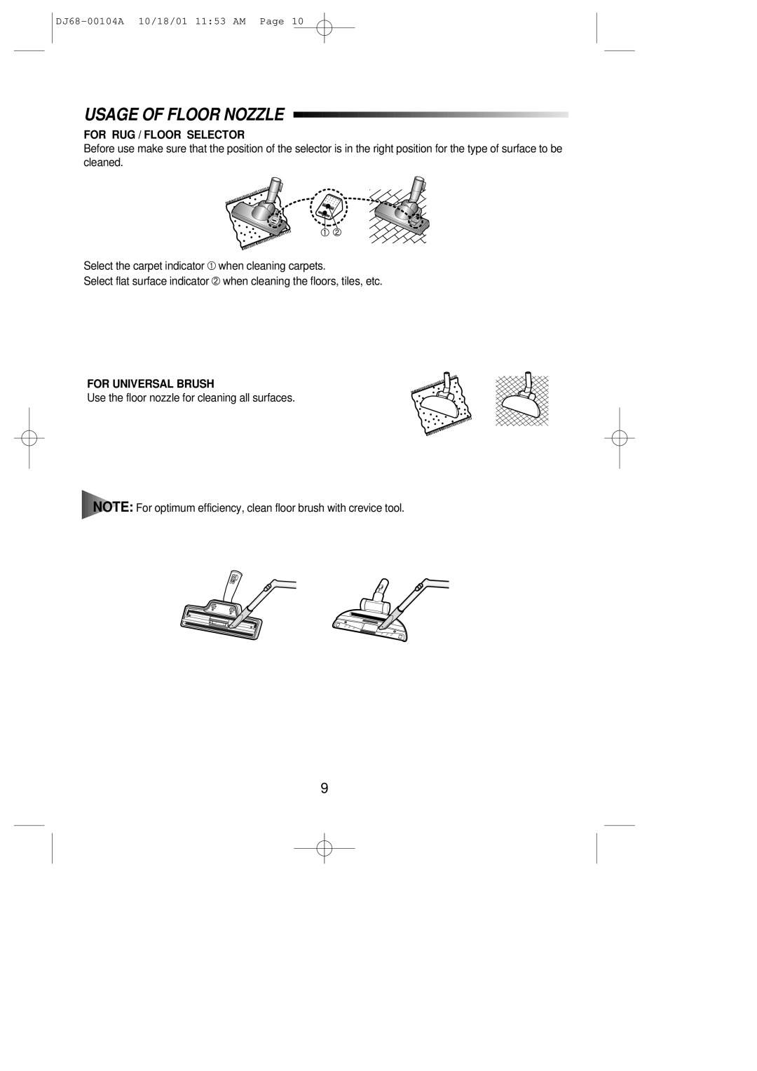 Samsung VC8828EN3G/ERP manual Usage of Floor Nozzle, For RUG / Floor Selector, For Universal Brush 