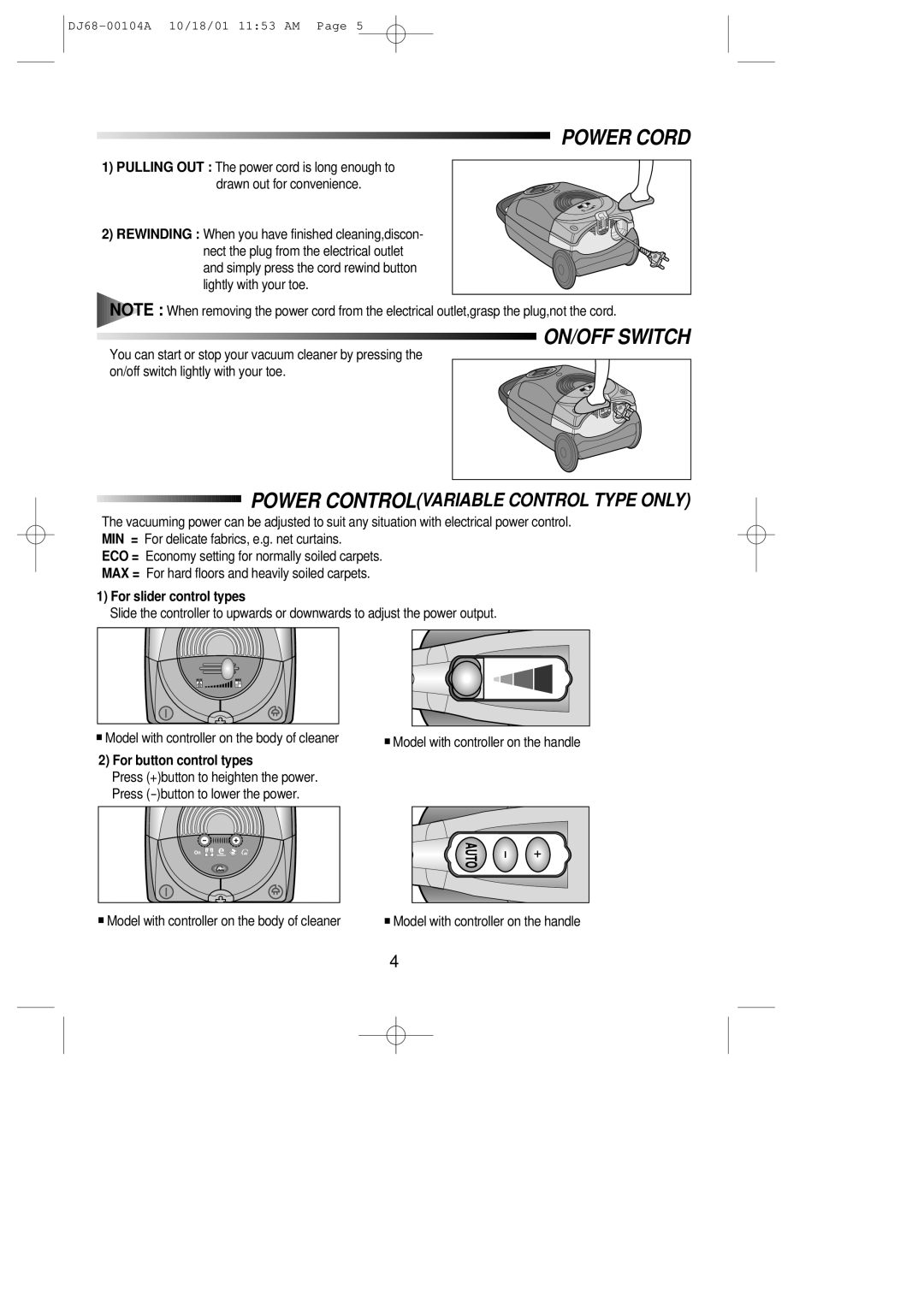 Samsung VC8828EN3G/ERP manual Power Cord, ON/OFF Switch 