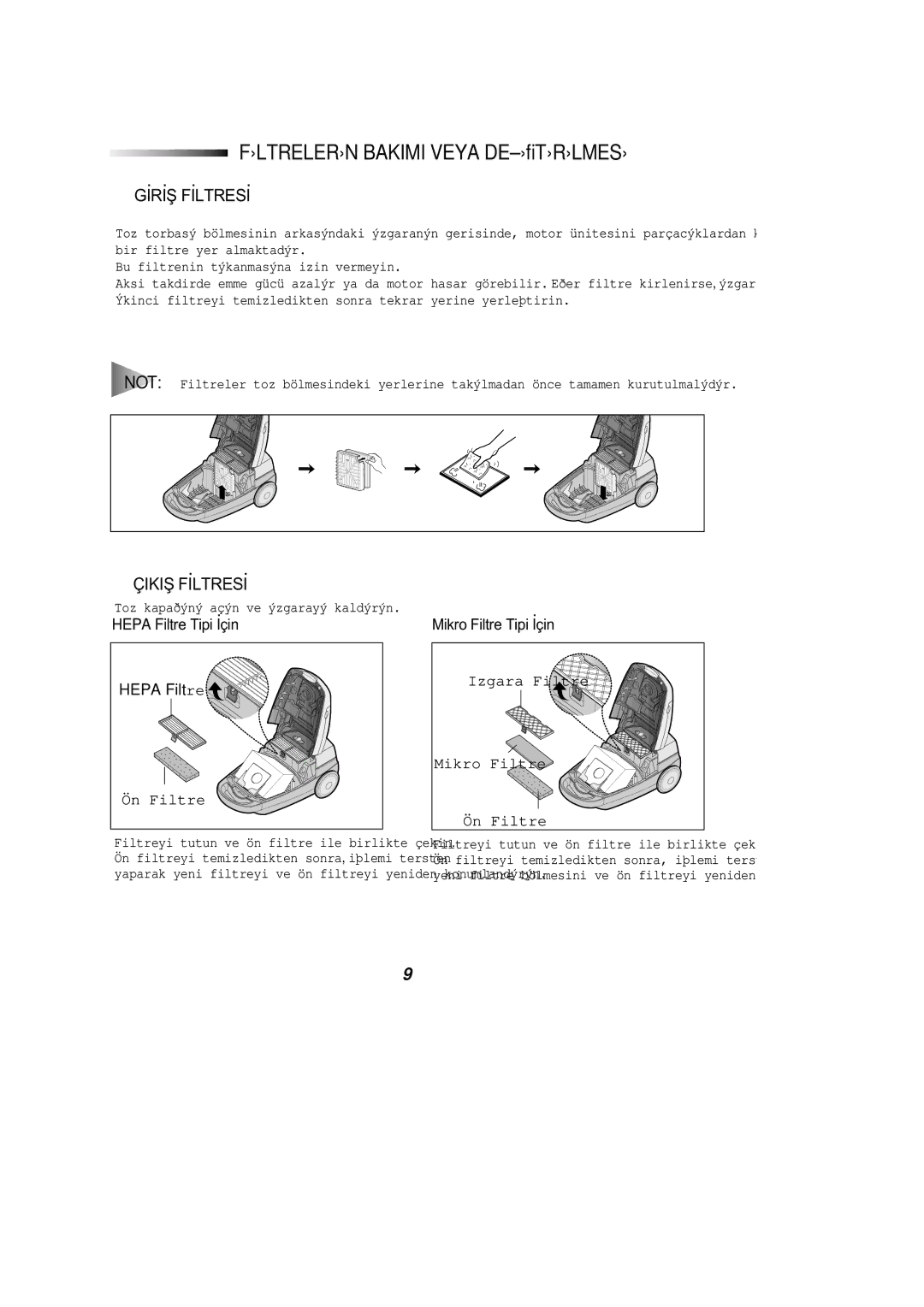 Samsung VC8916VC2R/FES manual Fýltrelerýn Bakimi Veya Deðýþtýrýlmesý, Gýrýþ Fýltresý 