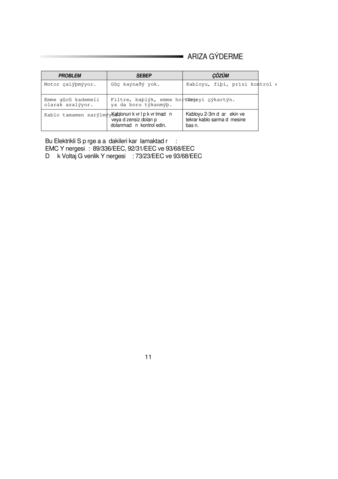 Samsung VC8916VC2R/FES manual Ariza Gýderme, Problem Sebep Çözüm 