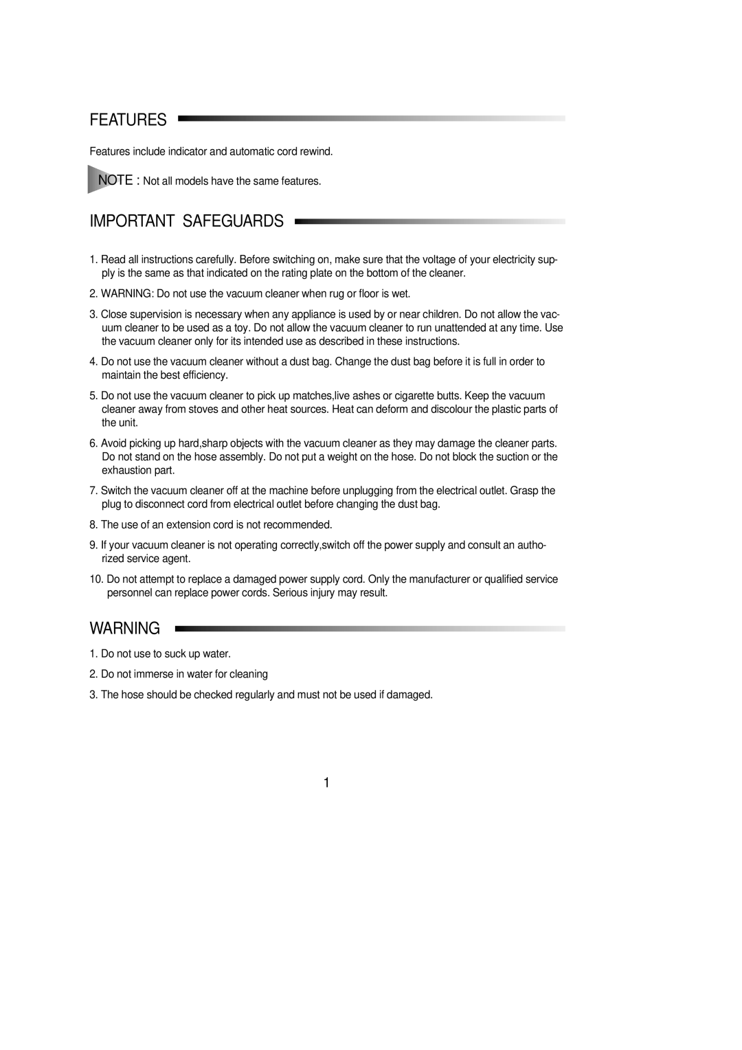 Samsung VC8916VC2R/FES manual Features, Important Safeguards 