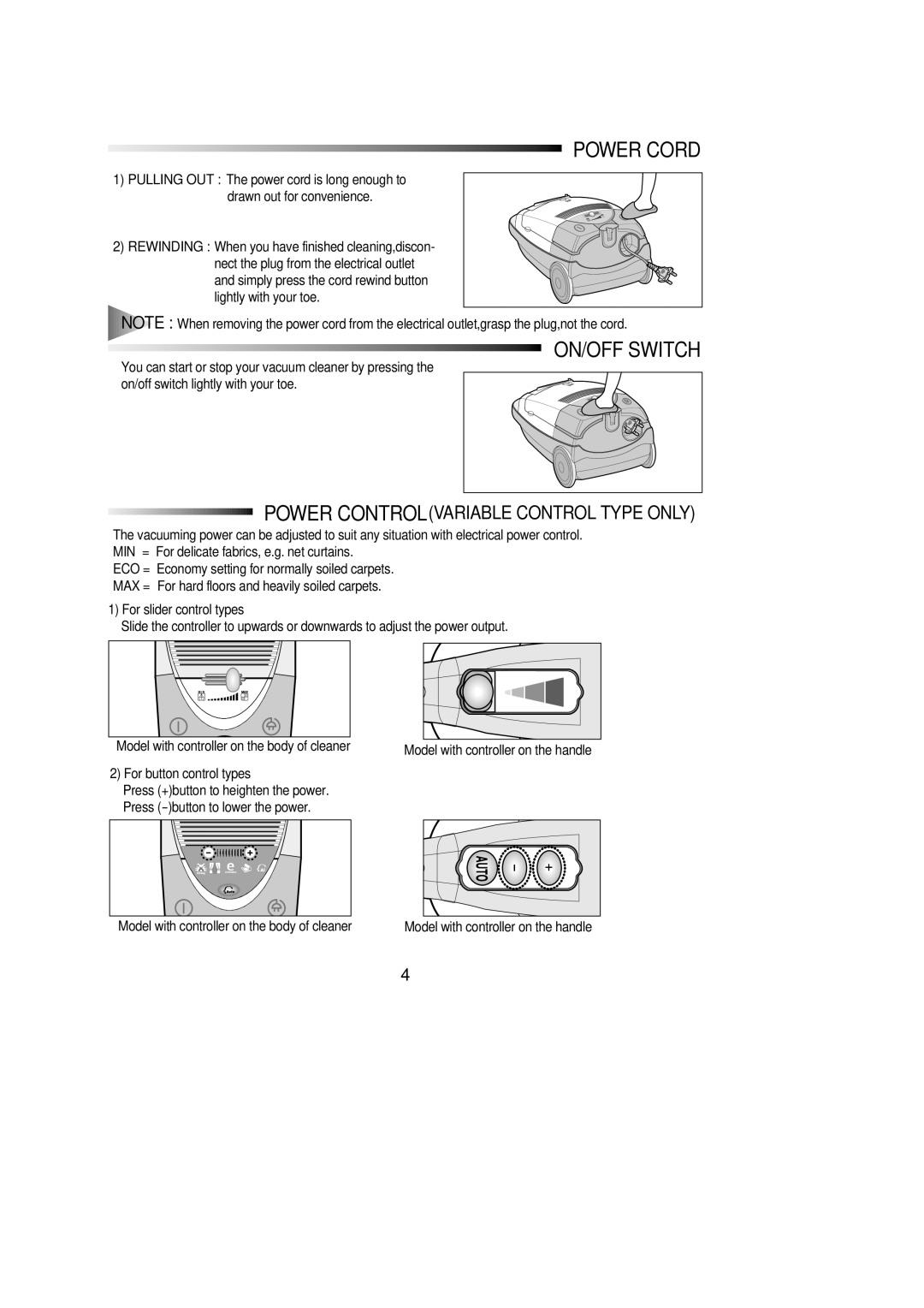 Samsung VC8916VC2R/FES manual Power Cord, ON/OFF Switch 