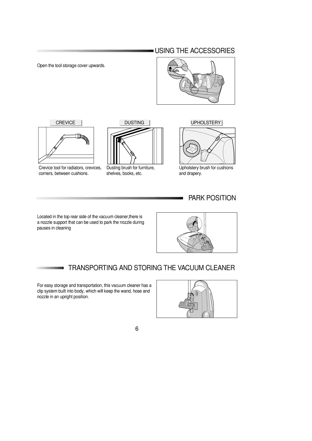 Samsung VC8916VC2R/FES manual Using the Accessories, Park Position 