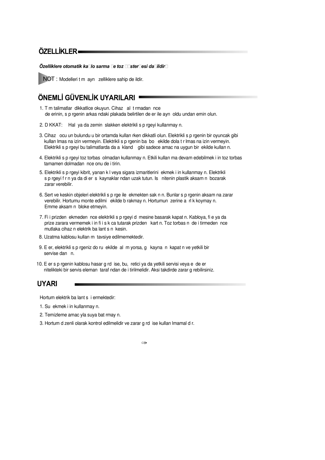 Samsung VC8916VC2R/FES manual Uyari, Özellýkler 