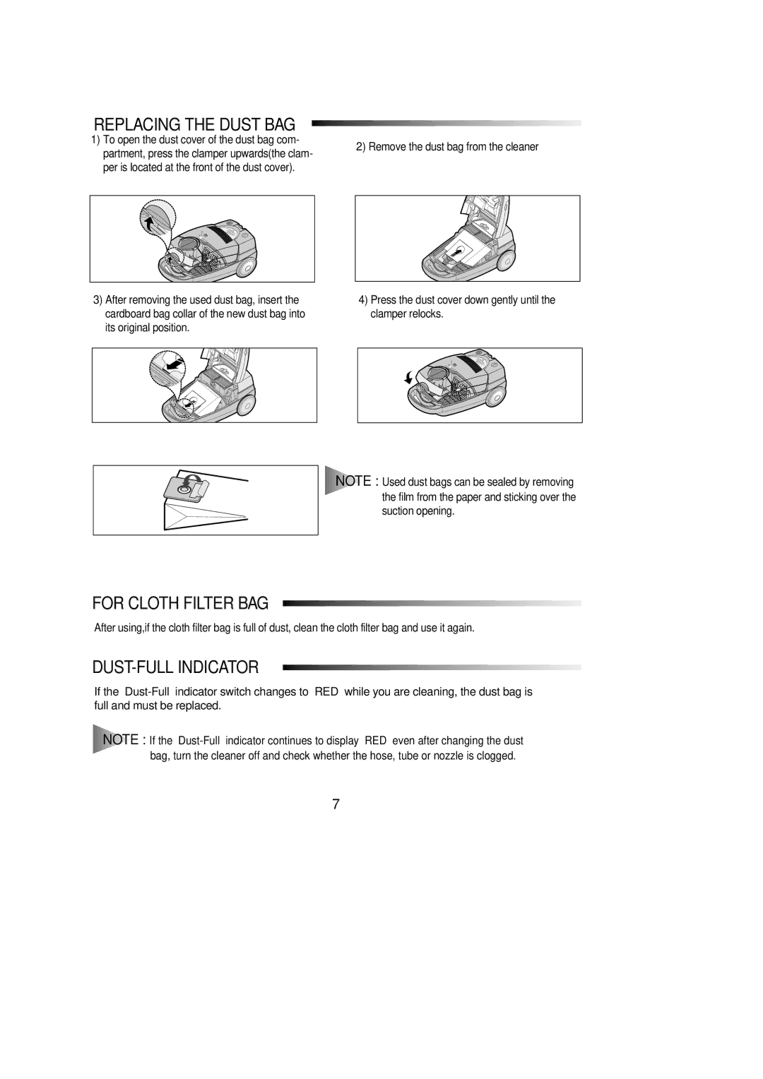 Samsung VC8916VC2R/FES manual Replacing the Dust BAG, For Cloth Filter BAG, DUST-FULL Indicator 