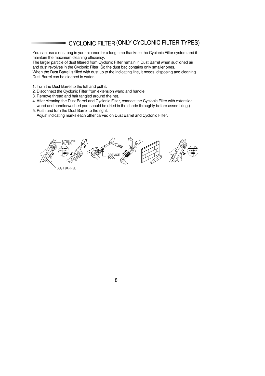 Samsung VC8916VC2R/FES manual Cyclonic Filteronly Cyclonic Filter Types 