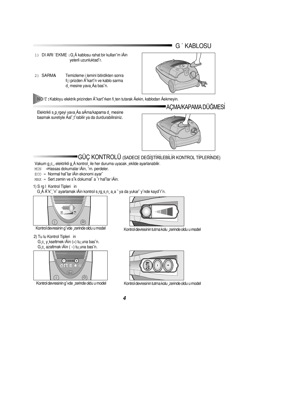 Samsung VC8916VC2R/FES manual GÜÇ Kablosu, Açma/Kapamadüðmesý 