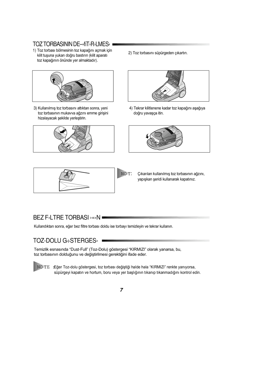 Samsung VC8916VC2R/FES manual BEZ Fýltre Torbasi Ýçýn, Toztorbasinindeðýþtýrýlmesý 