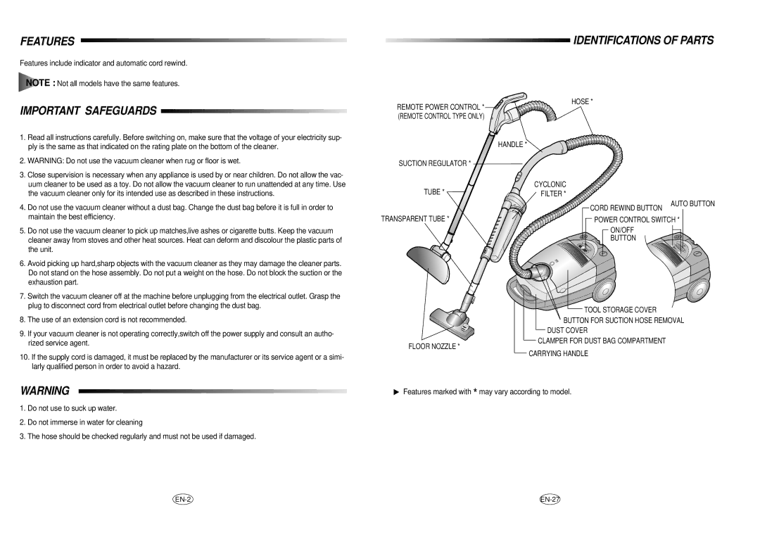 Samsung VC8916VC3R/BOL manual Features, Identifications of Parts Important Safeguards 