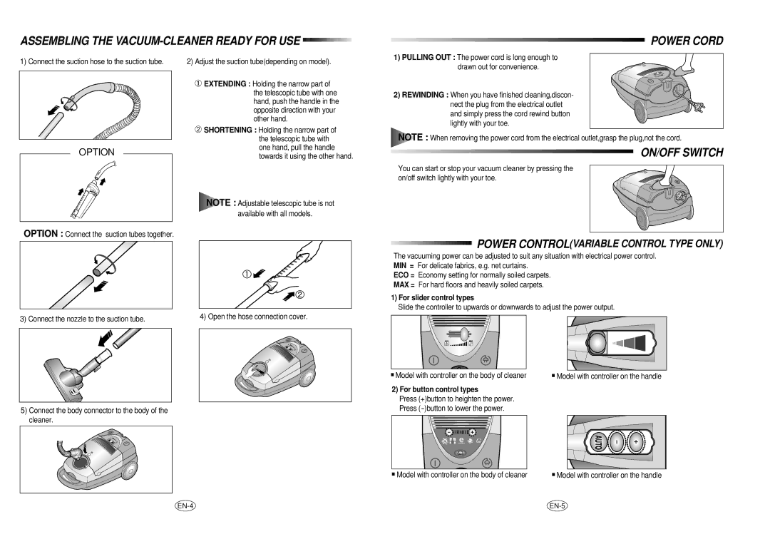 Samsung VC8916VC3R/BOL manual Assembling the VACUUM-CLEANER Ready for USE, Power Cord, ON/OFF Switch 