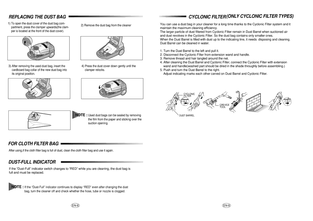 Samsung VC8916VC3R/BOL manual Replacing the Dust BAG, Cyclonic Filter only Cyclonic Filter Types, For Cloth Filter BAG 