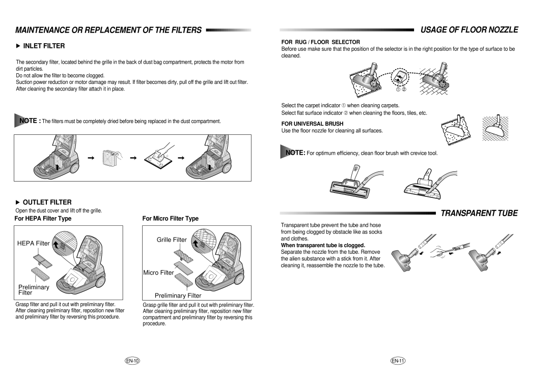 Samsung VC8916VC3R/BOL manual Maintenance or Replacement of the Filters, Usage of Floor Nozzle, Transparent Tube 