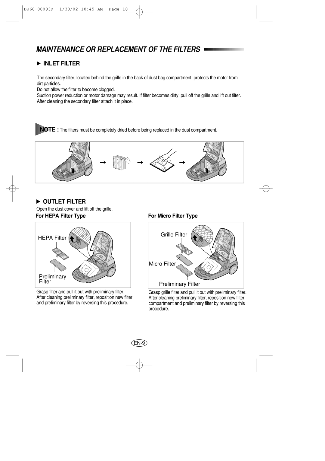 Samsung VC8930EC4S/BLS, VC8928EC3S/XSG, VC8928EC2B/UMG manual Maintenance or Replacement of the Filters, Inlet Filter 