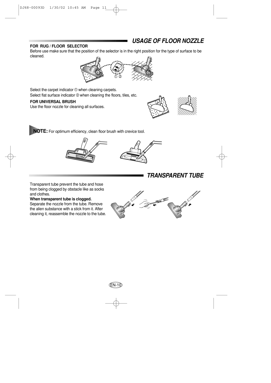 Samsung VC8928EC2B/UMG, VC8928EC3S/XSG, VC8930EC4S/BLS, VC8930EC3N/XSG manual Usage of Floor Nozzle, Transparent Tube 