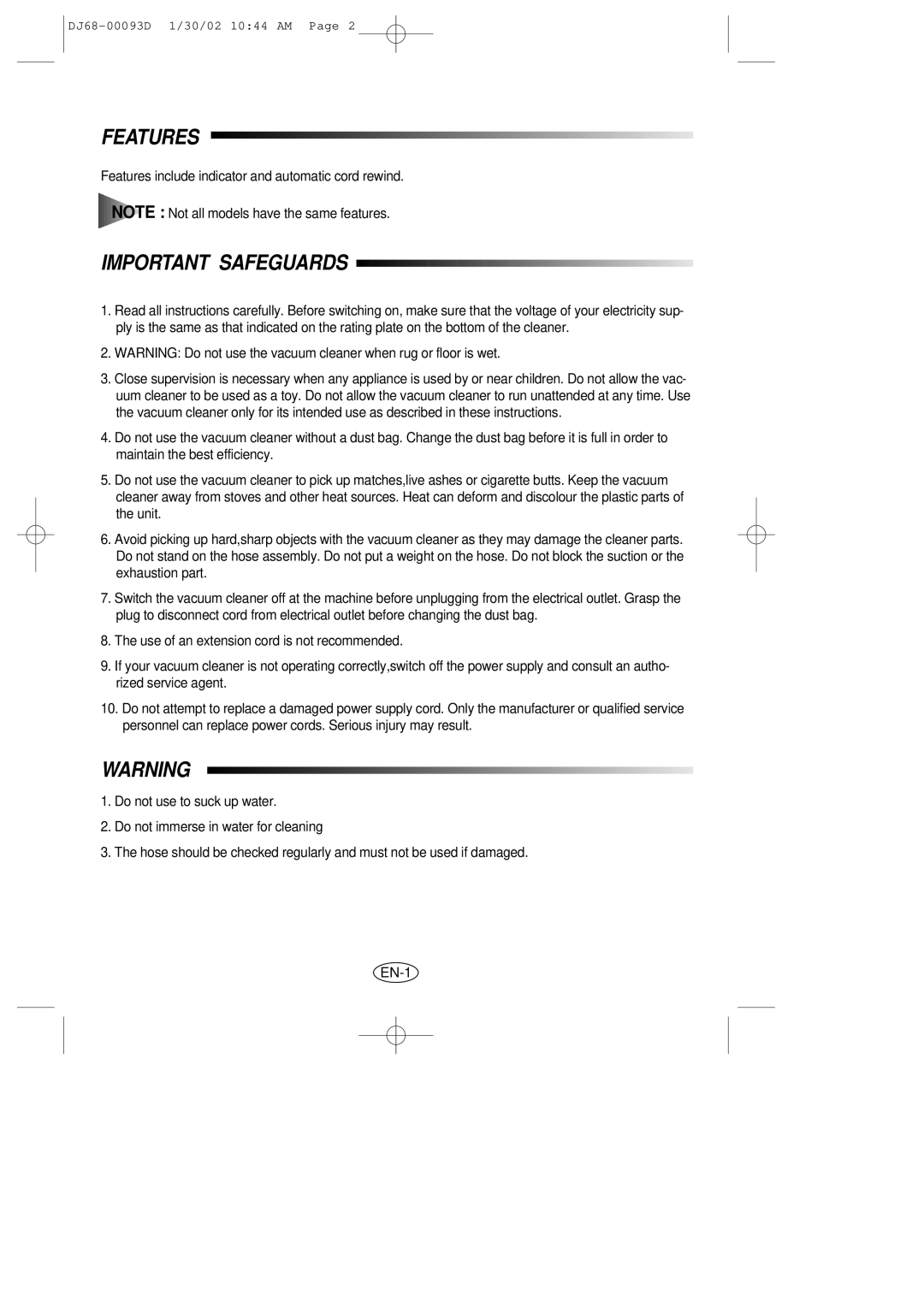 Samsung VC8928EC2B/UMG, VC8928EC3S/XSG, VC8930EC4S/BLS, VC8930EC3N/XSG, VC8930EC3S/XSG manual Features, Important Safeguards 