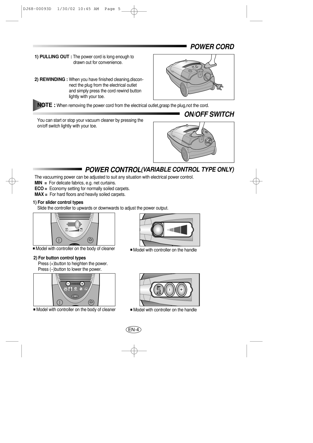 Samsung VC8930EC3N/SAE, VC8928EC3S/XSG, VC8930EC4S/BLS, VC8928EC2B/UMG, VC8930EC3N/XSG manual Power Cord, ON/OFF Switch 