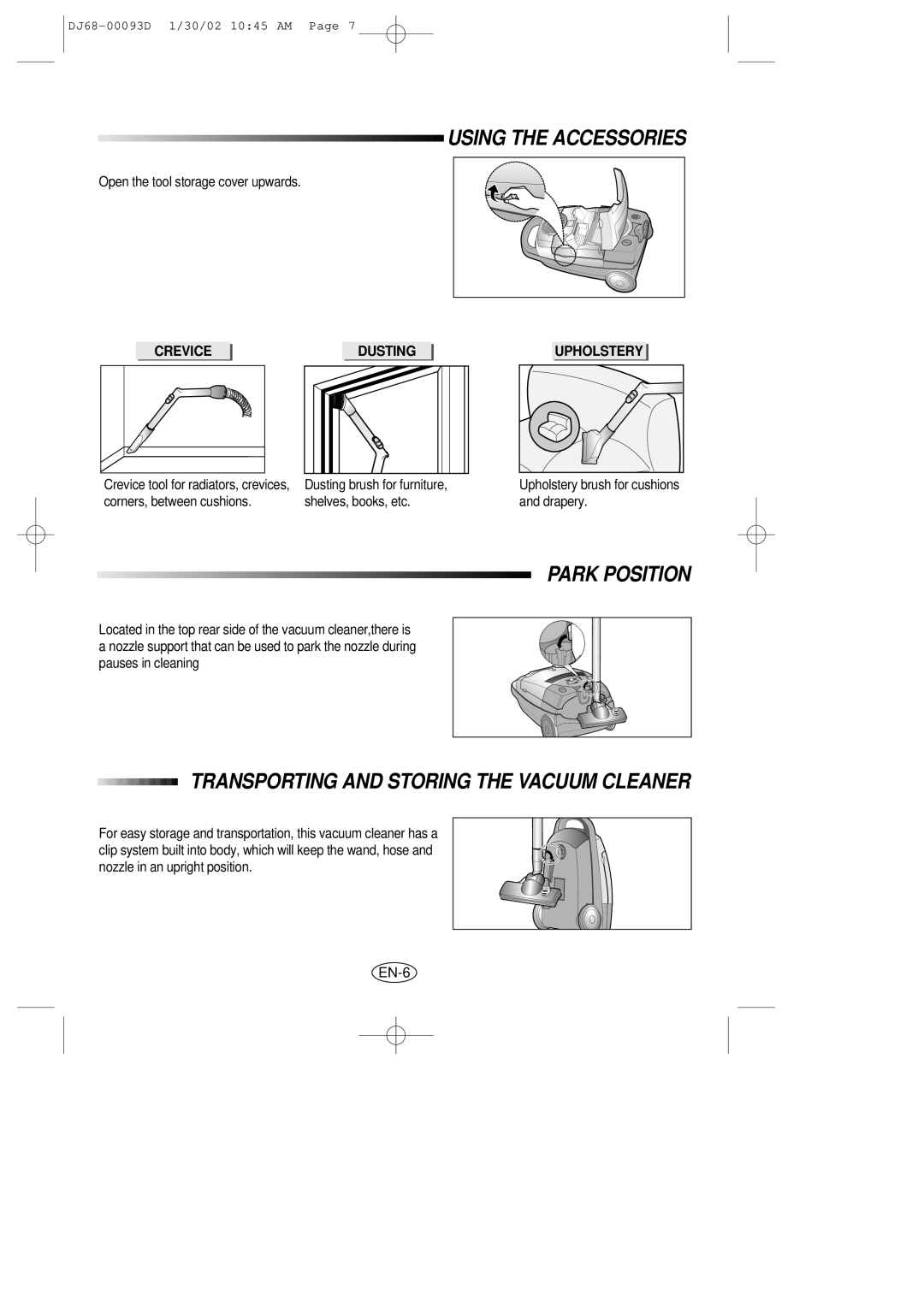 Samsung VC8930EC4S/SAR, VC8928EC3S/XSG Using the Accessories, Park Position, Transporting and Storing the Vacuum Cleaner 