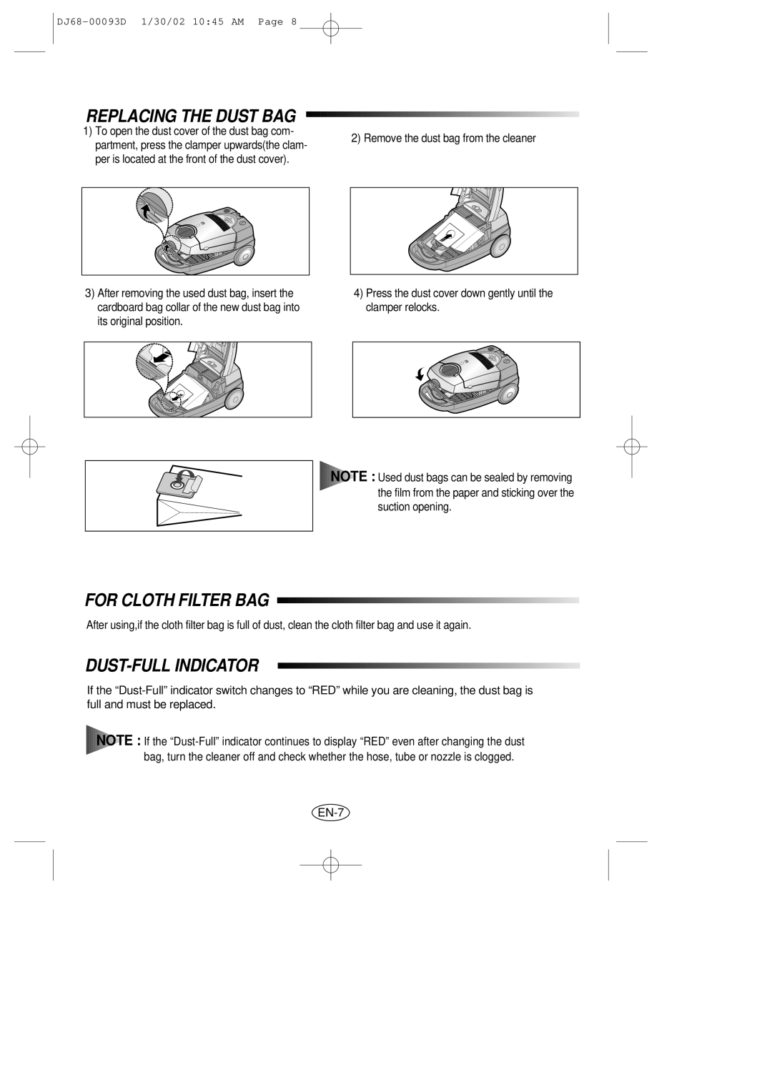 Samsung VC8930EC4S/ATC, VC8928EC3S/XSG, VC8930EC4S/BLS Replacing the Dust BAG, For Cloth Filter BAG, DUST-FULL Indicator 