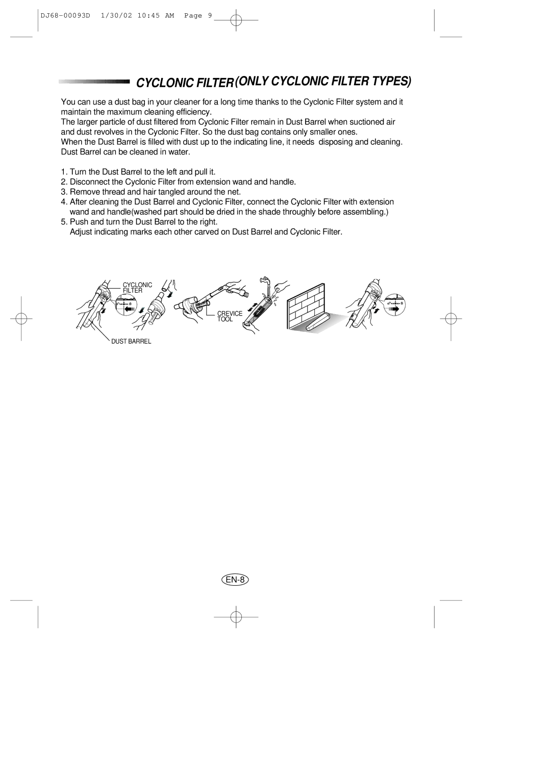 Samsung VC8928EC3S/XSG, VC8930EC4S/BLS, VC8928EC2B/UMG, VC8930EC3N/XSG manual Cyclonic Filteronly Cyclonic Filter Types 