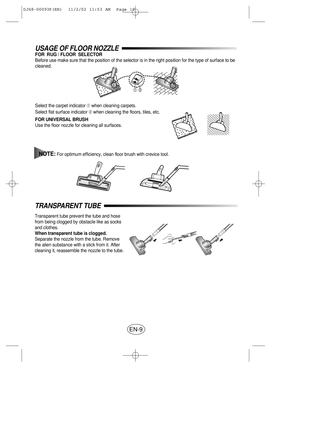 Samsung VC8930EC3S/XEH manual Usage of Floor Nozzle, Transparent Tube 