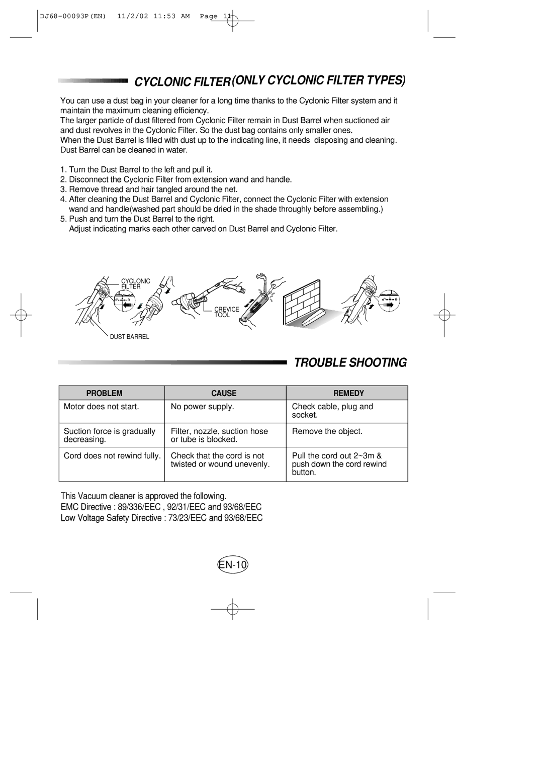 Samsung VC8930EC3S/XEH manual Cyclonic Filteronly Cyclonic Filter Types, Trouble Shooting 