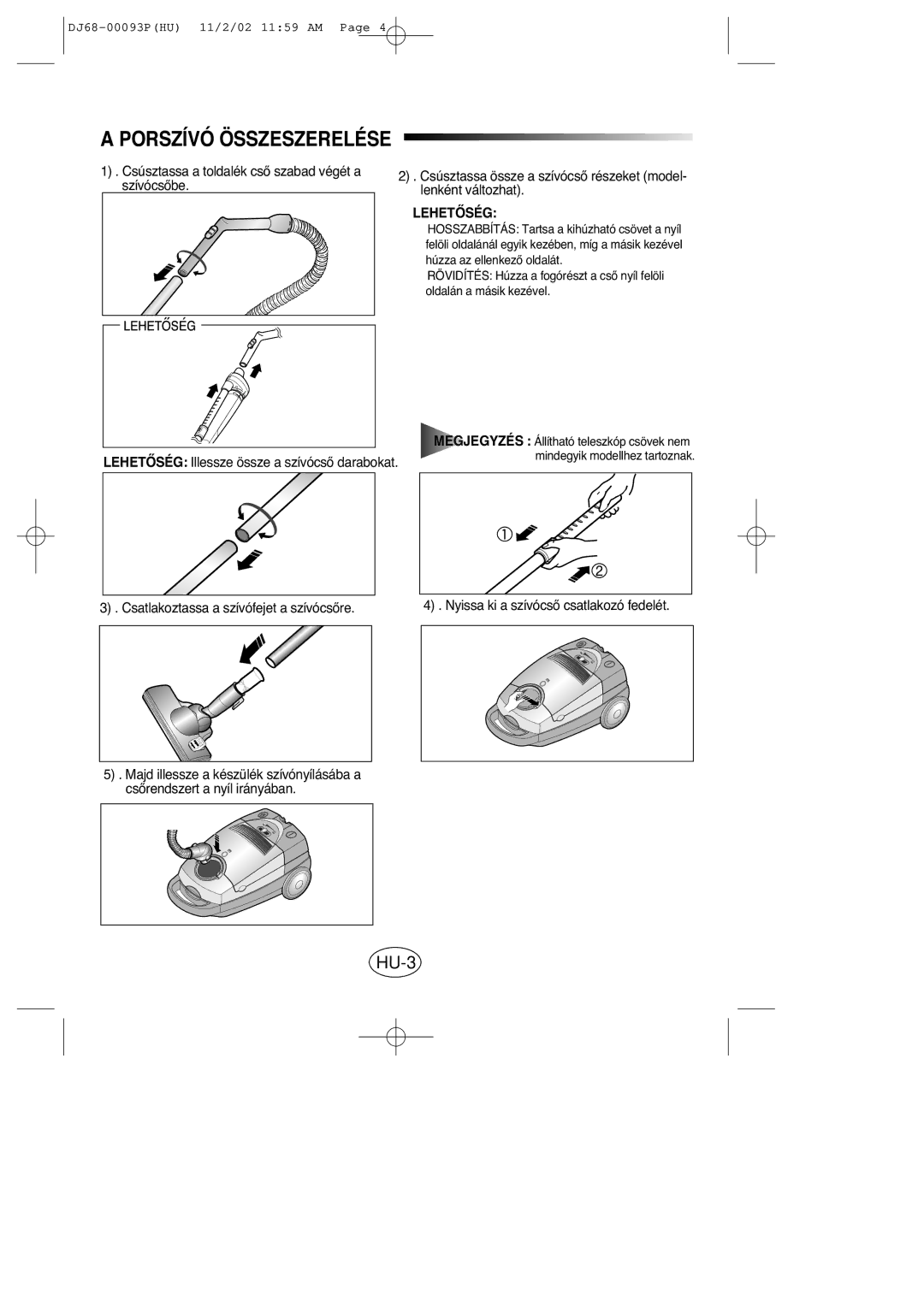 Samsung VC8930EC3S/XEH manual Porszívó Összeszerelése, Lehetãség 