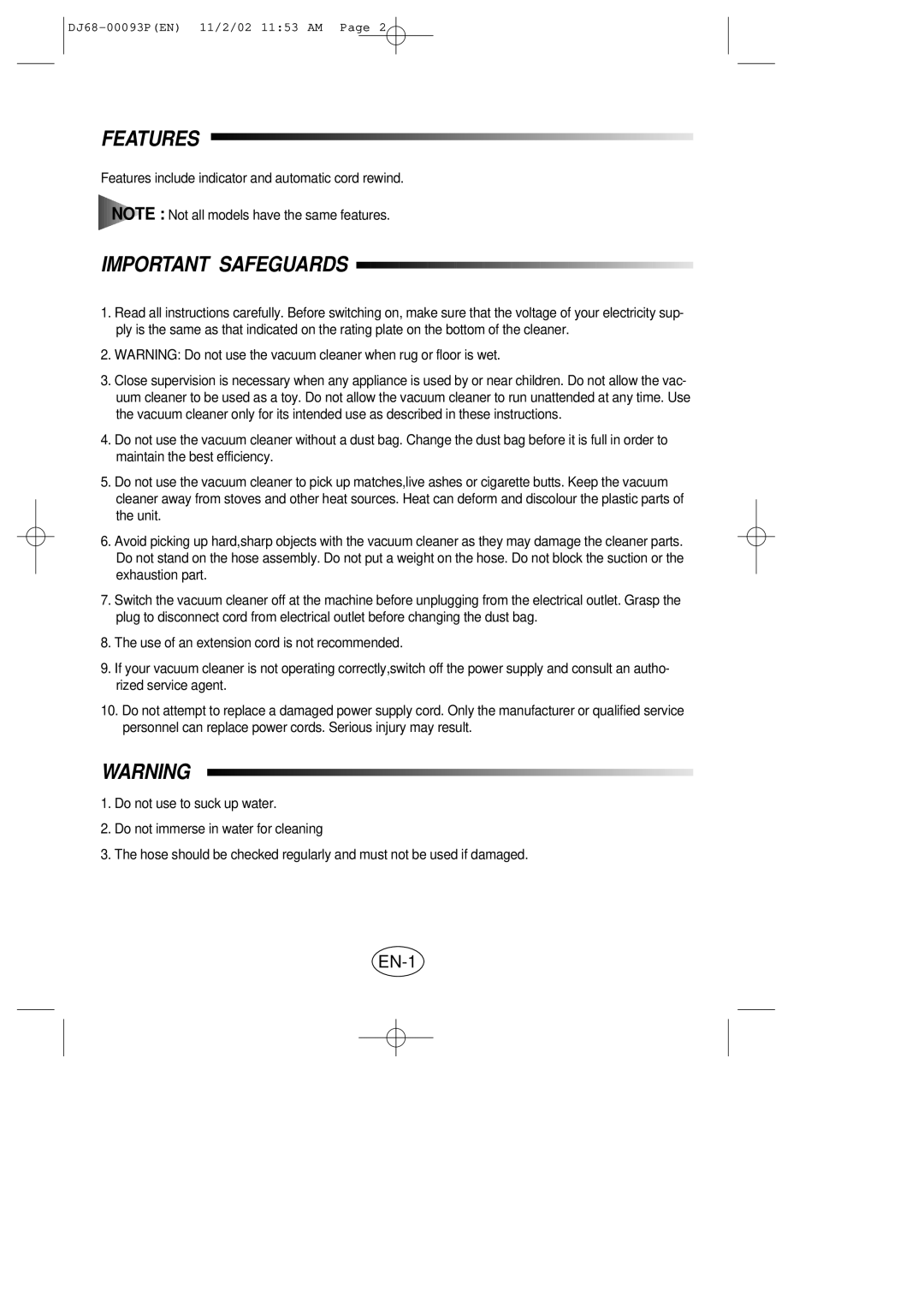 Samsung VC8930EC3S/XEH manual Features, Important Safeguards 