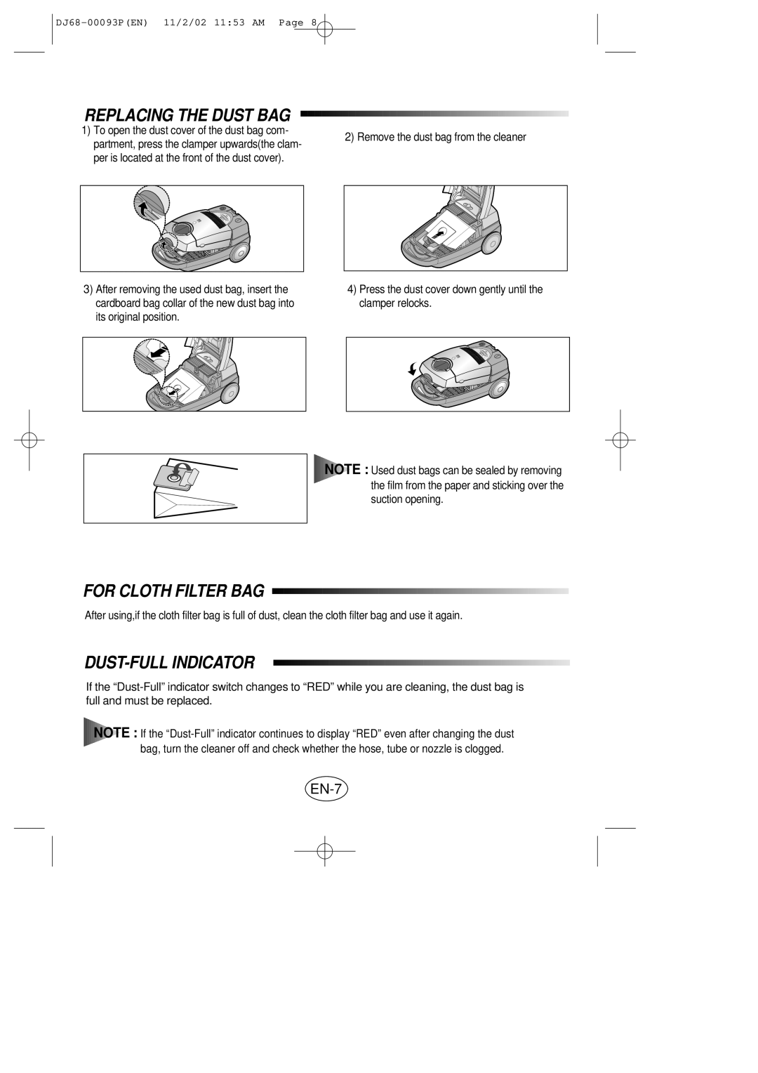 Samsung VC8930EC3S/XEH manual Replacing the Dust BAG, For Cloth Filter BAG, DUST-FULL Indicator 