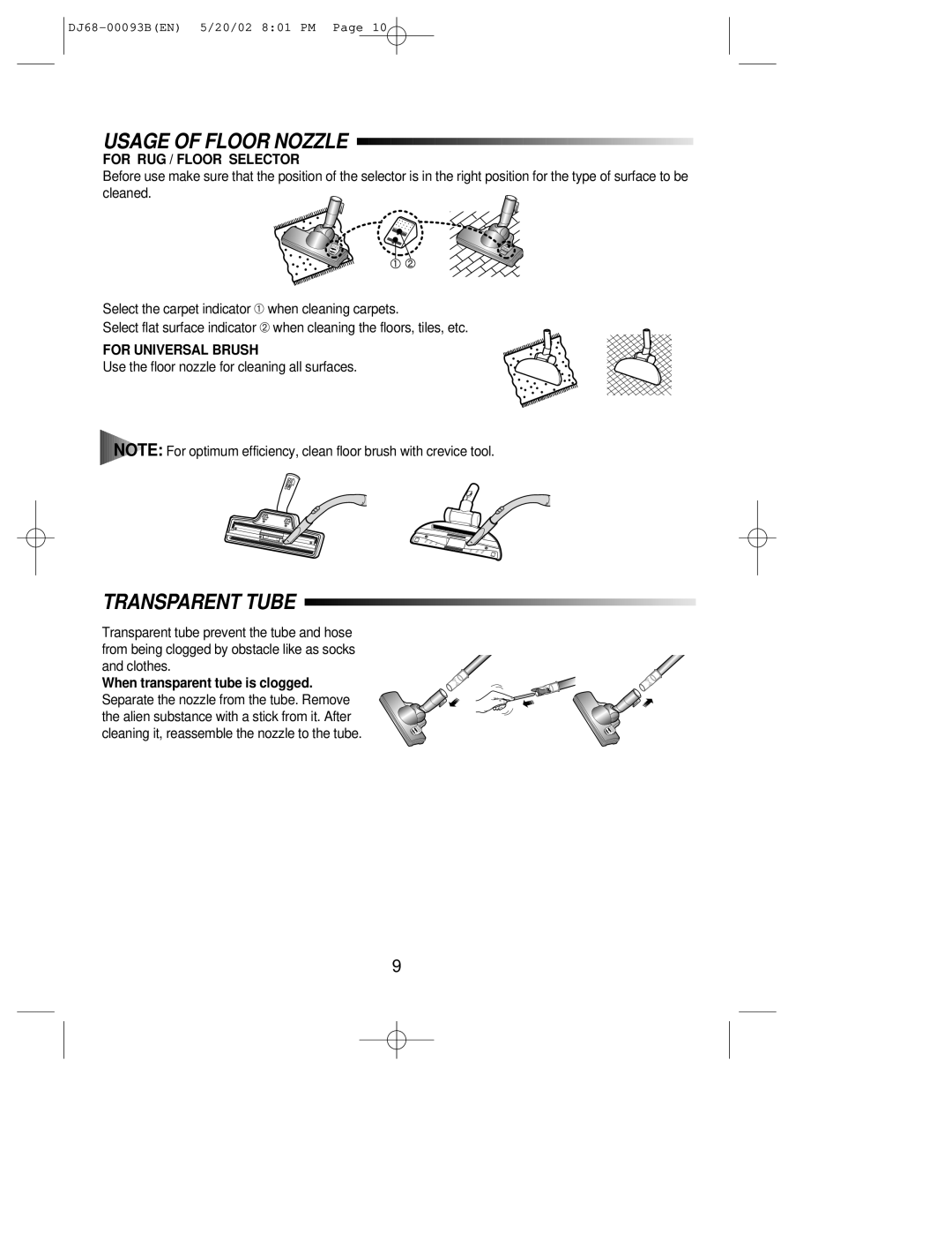 Samsung VC8932ET3S/ERP manual Usage of Floor Nozzle, Transparent Tube, For RUG / Floor Selector, For Universal Brush 