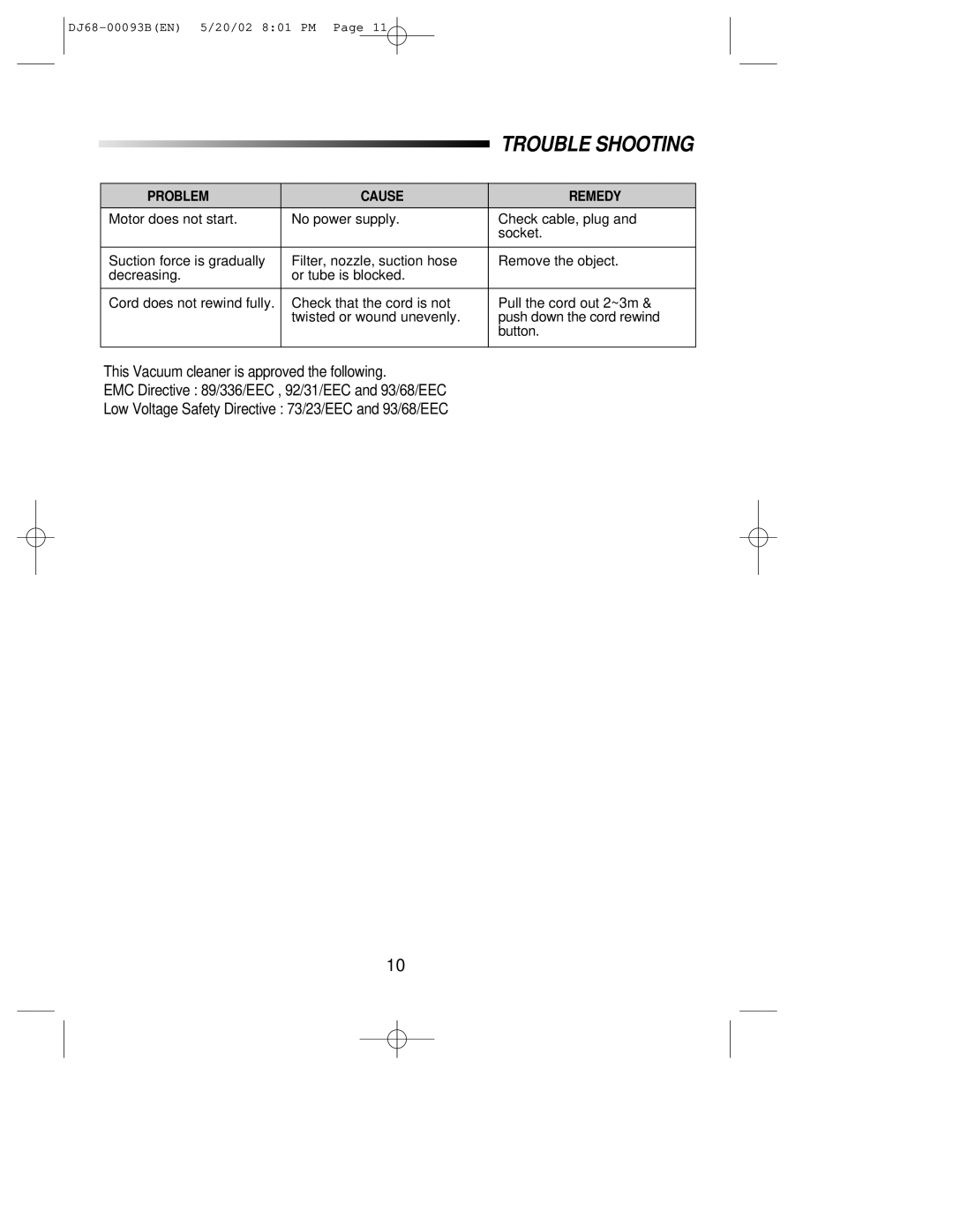 Samsung VC8918VN3B/ERP, VC8932EN3S/BOL, VC8927EN3S/BOL, VC8932ET3S/ERP manual Trouble Shooting, Problem Cause Remedy 