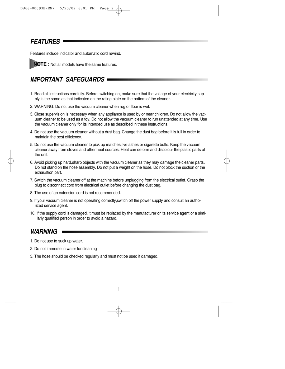 Samsung VC8932ET3S/ERP, VC8932EN3S/BOL, VC8927EN3S/BOL, VC8918VN3B/ERP manual Features, Important Safeguards 