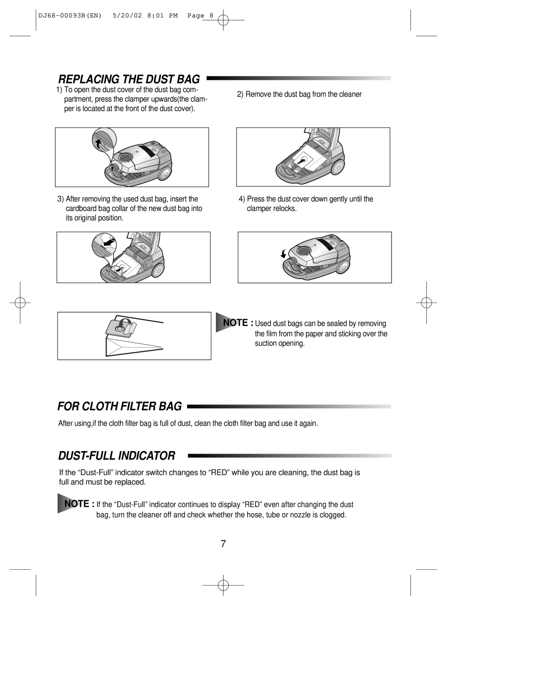 Samsung VC8932EN3S/BOL, VC8927EN3S/BOL, VC8932ET3S/ERP Replacing the Dust BAG, For Cloth Filter BAG, DUST-FULL Indicator 