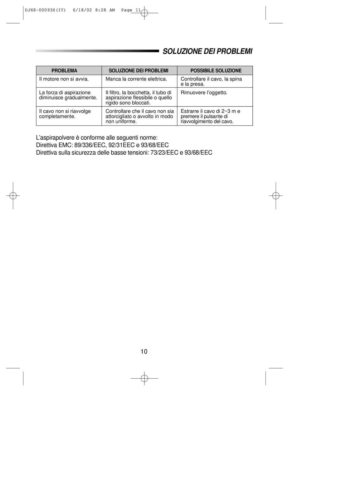 Samsung VC8932ET3S/XET manual Problema Soluzione DEI Problemi Possibile Soluzione 