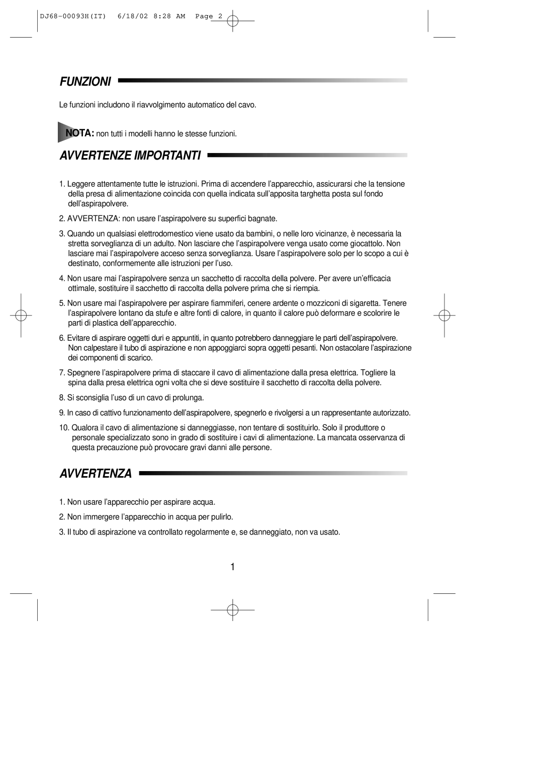 Samsung VC8932ET3S/XET manual Funzioni, Avvertenze Importanti, Avvertenza 