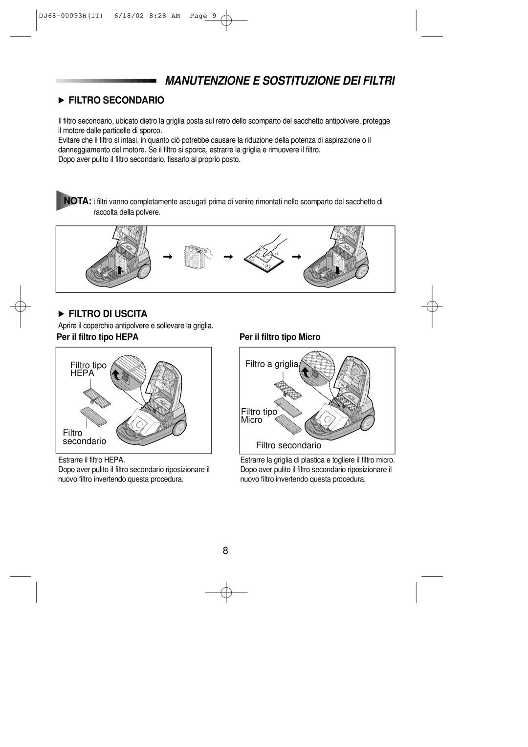 Samsung VC8932ET3S/XET manual Manutenzione E Sostituzione DEI Filtri, Filtro Secondario 