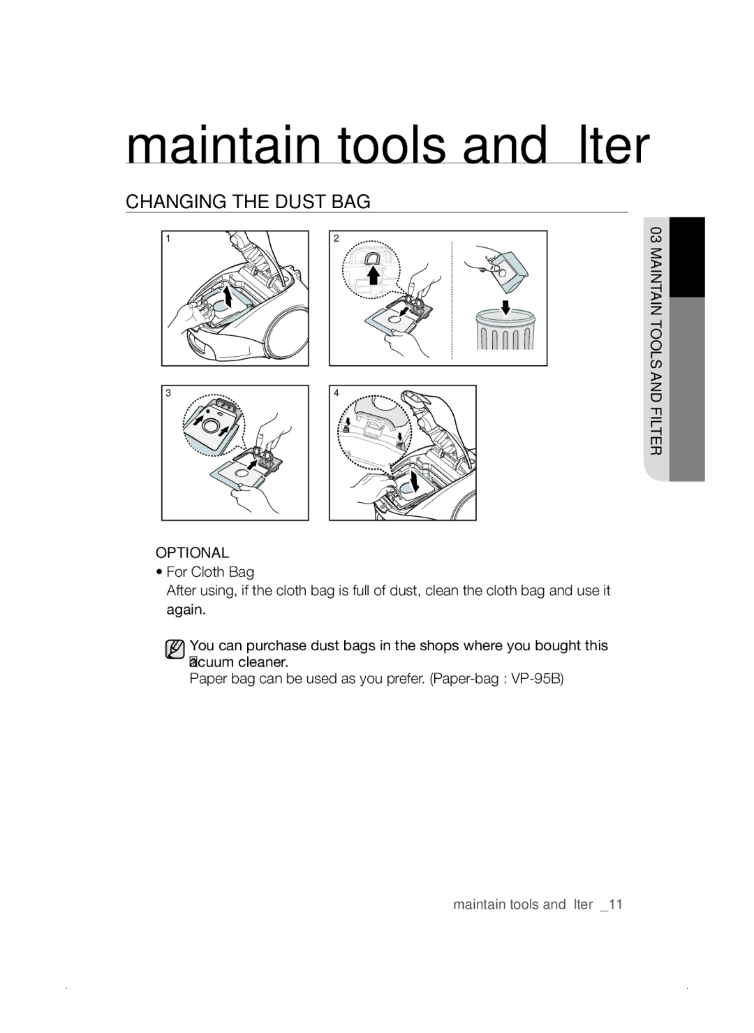 Samsung VCC3310S3O/XSV manual ChANGING ThE Dust bAG 