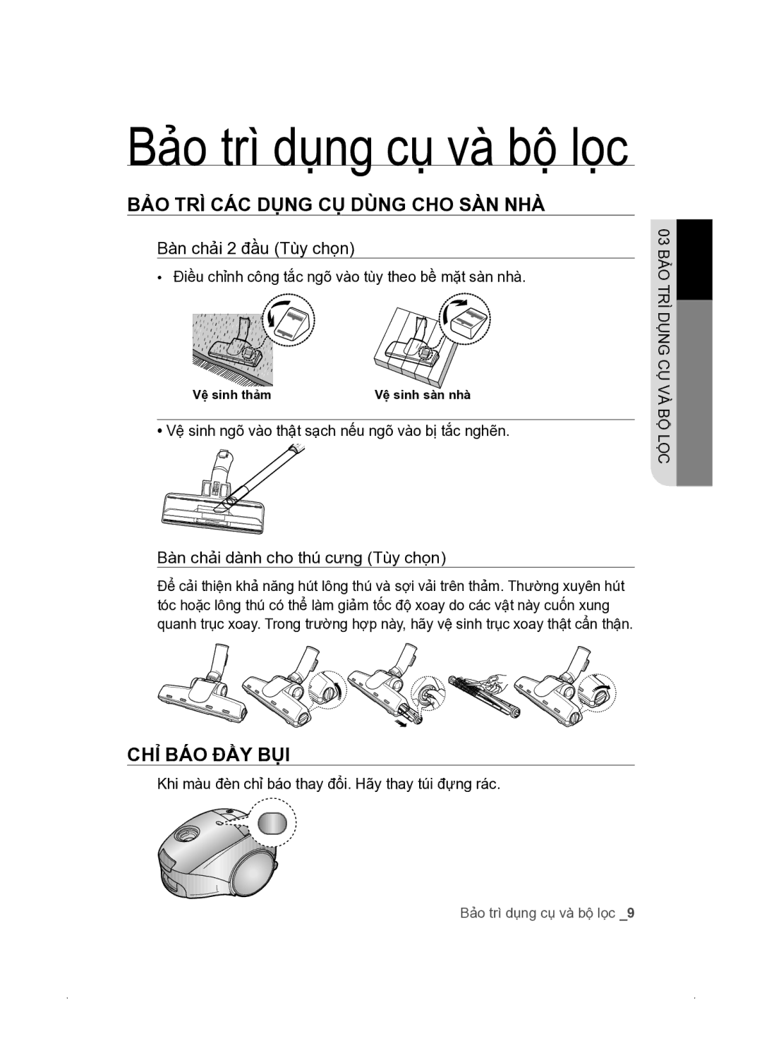 Samsung VCC3310S3O/XSV manual Bảo trì dụng cụ và bộ lọc 