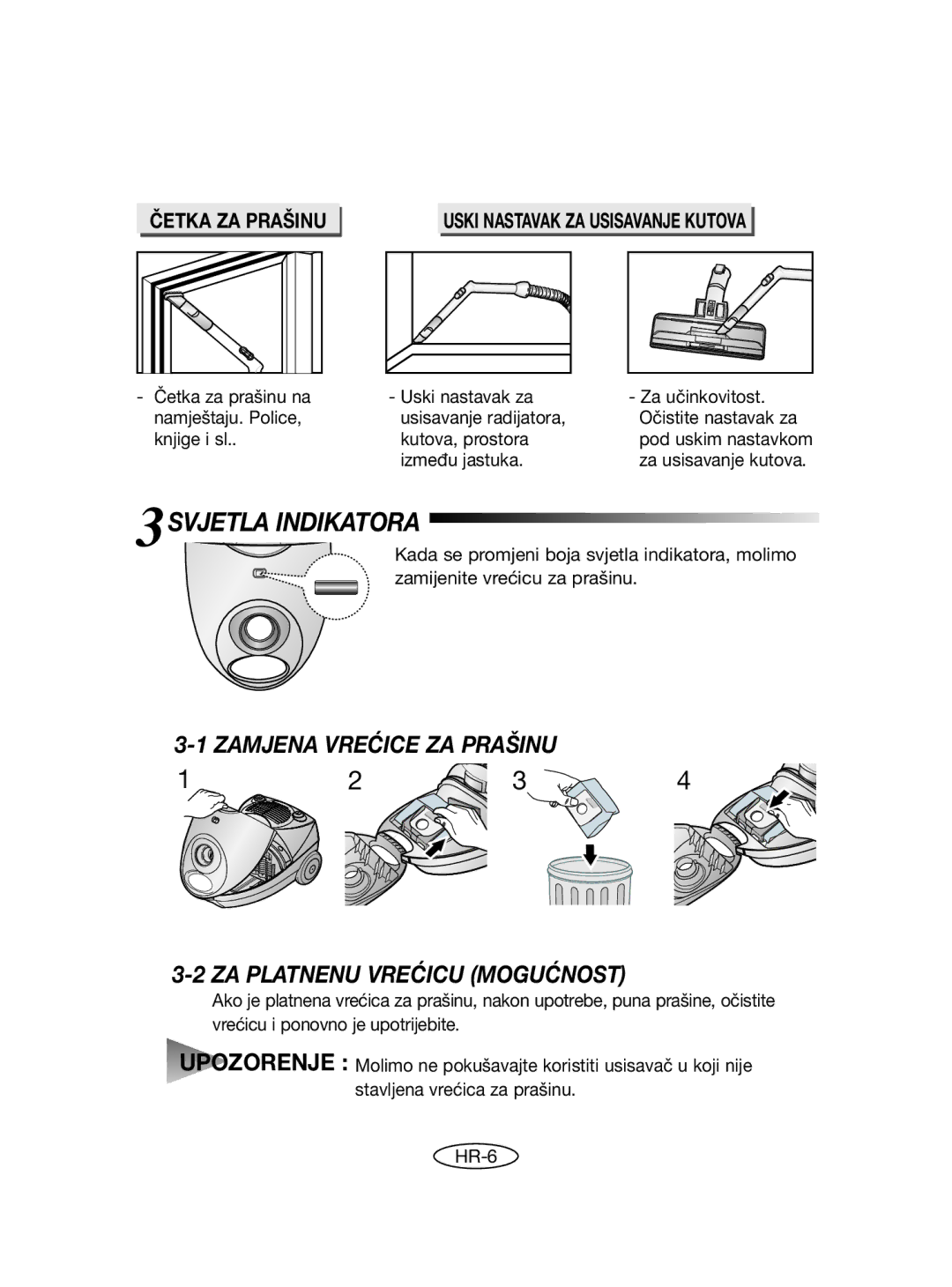 Samsung VCC4020S22/RUM, VCC4020S3R/ERP manual 3SVJETLA Indikatora, Zamjena Vrećice ZA Prašinu ZA Platnenu Vrećicu Mogućnost 