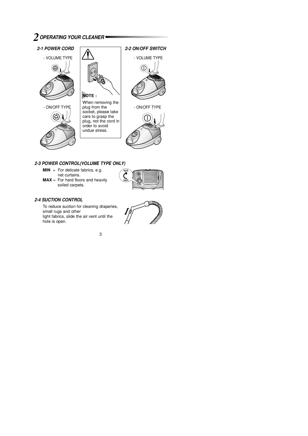 Samsung VCC4020S3B/ITM, VCC4020S3R/ERP manual Power Cord, ON/OFF Switch, Power Controlvolume Type only, Suction Control 