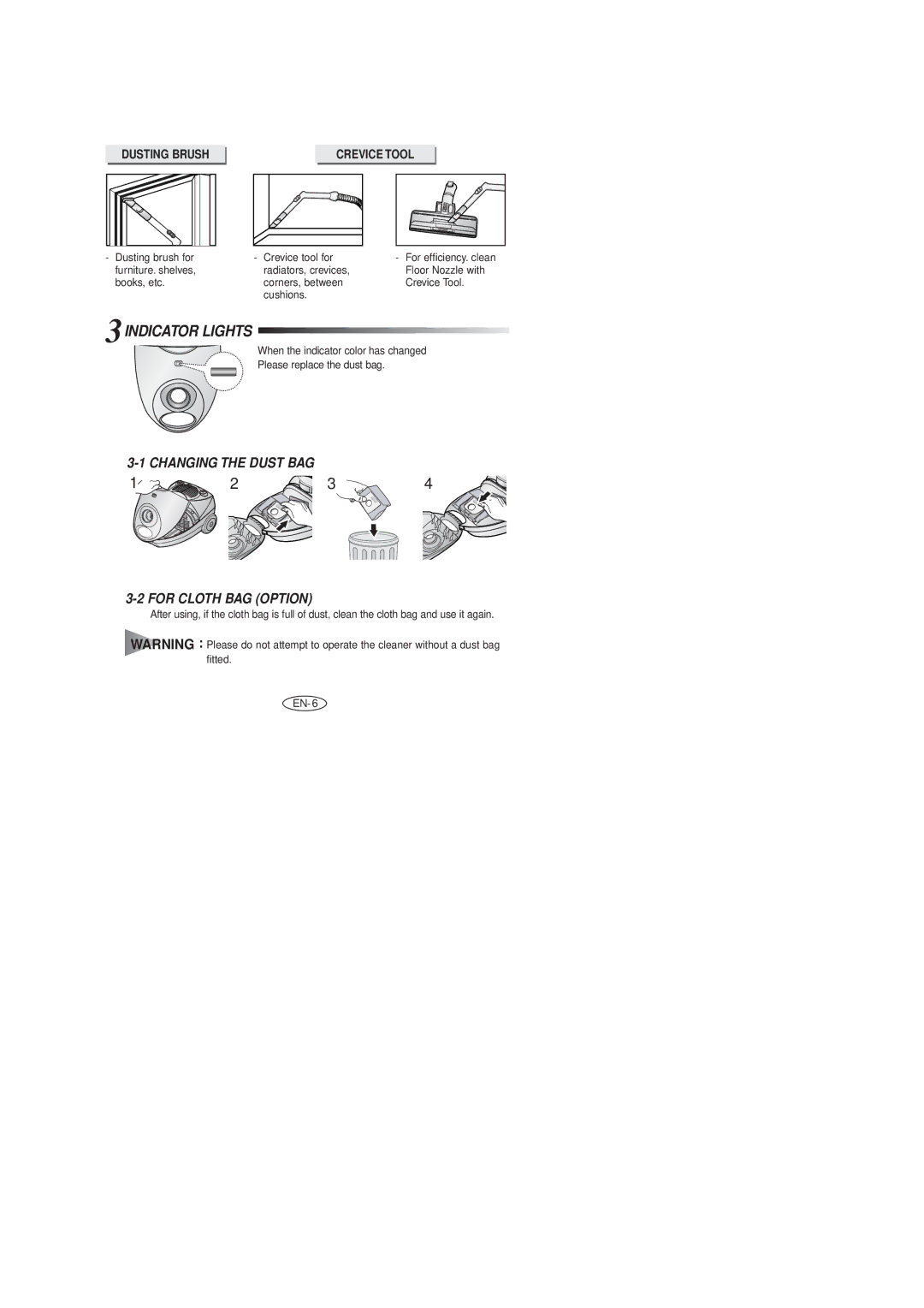 Samsung VCC4047V35/XEV, VCC4034V3B/SBW, VCC4046V3S/XSB, VCC4023S3K/SBW, VCC4023S3B/XEV manual 3INDICATOR Lights, Dusting Brush 